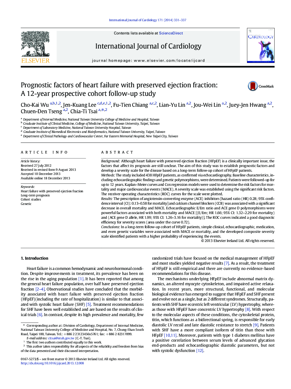 Prognostic factors of heart failure with preserved ejection fraction: A 12-year prospective cohort follow-up study