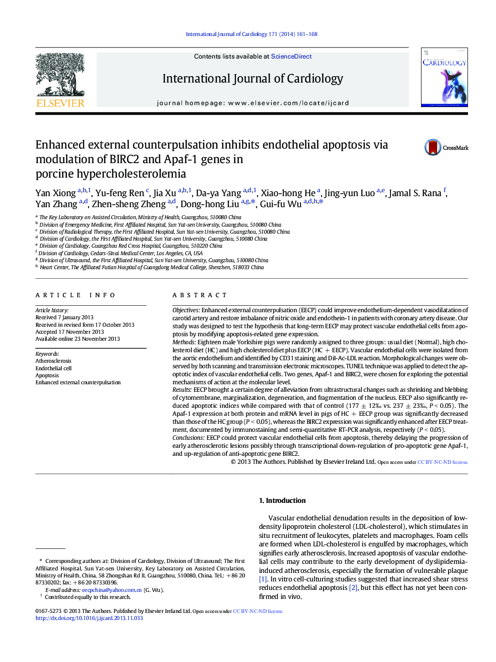 Enhanced external counterpulsation inhibits endothelial apoptosis via modulation of BIRC2 and Apaf-1 genes in porcine hypercholesterolemia