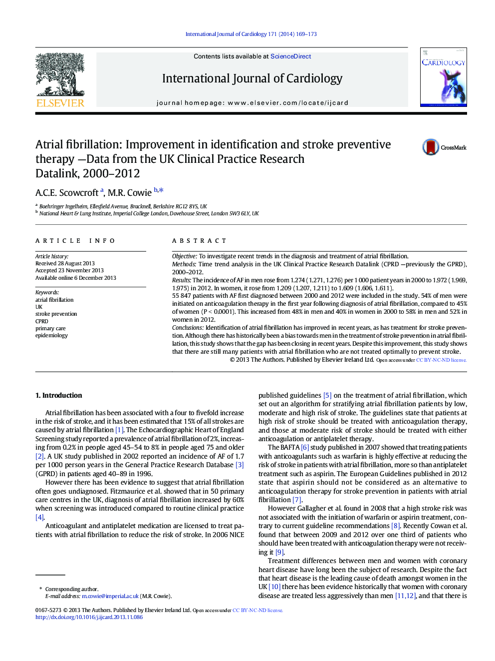 Atrial fibrillation: Improvement in identification and stroke preventive therapy -Data from the UK Clinical Practice Research Datalink, 2000-2012