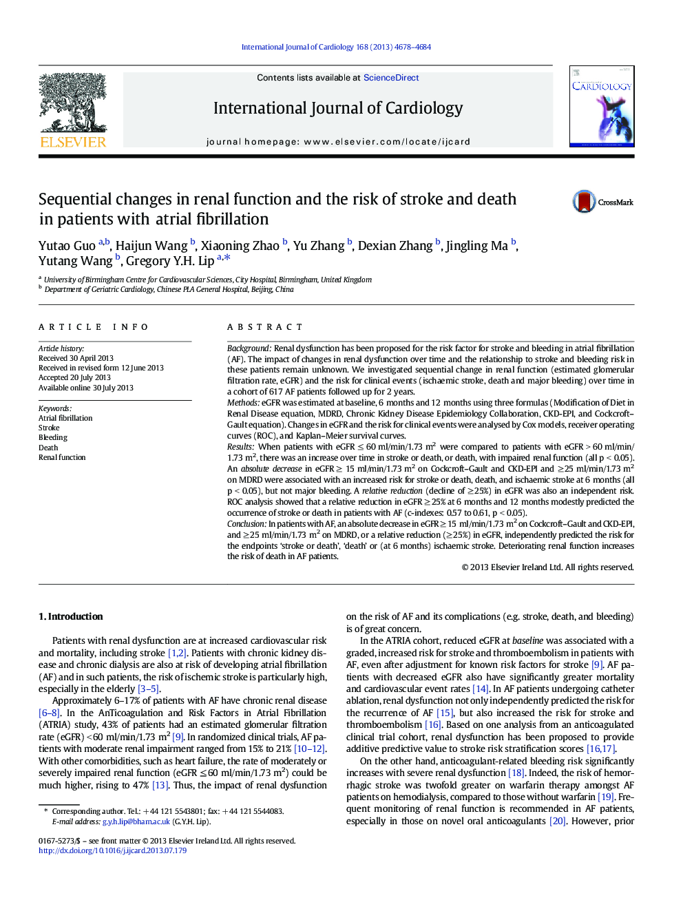 Sequential changes in renal function and the risk of stroke and death in patients with atrial fibrillation