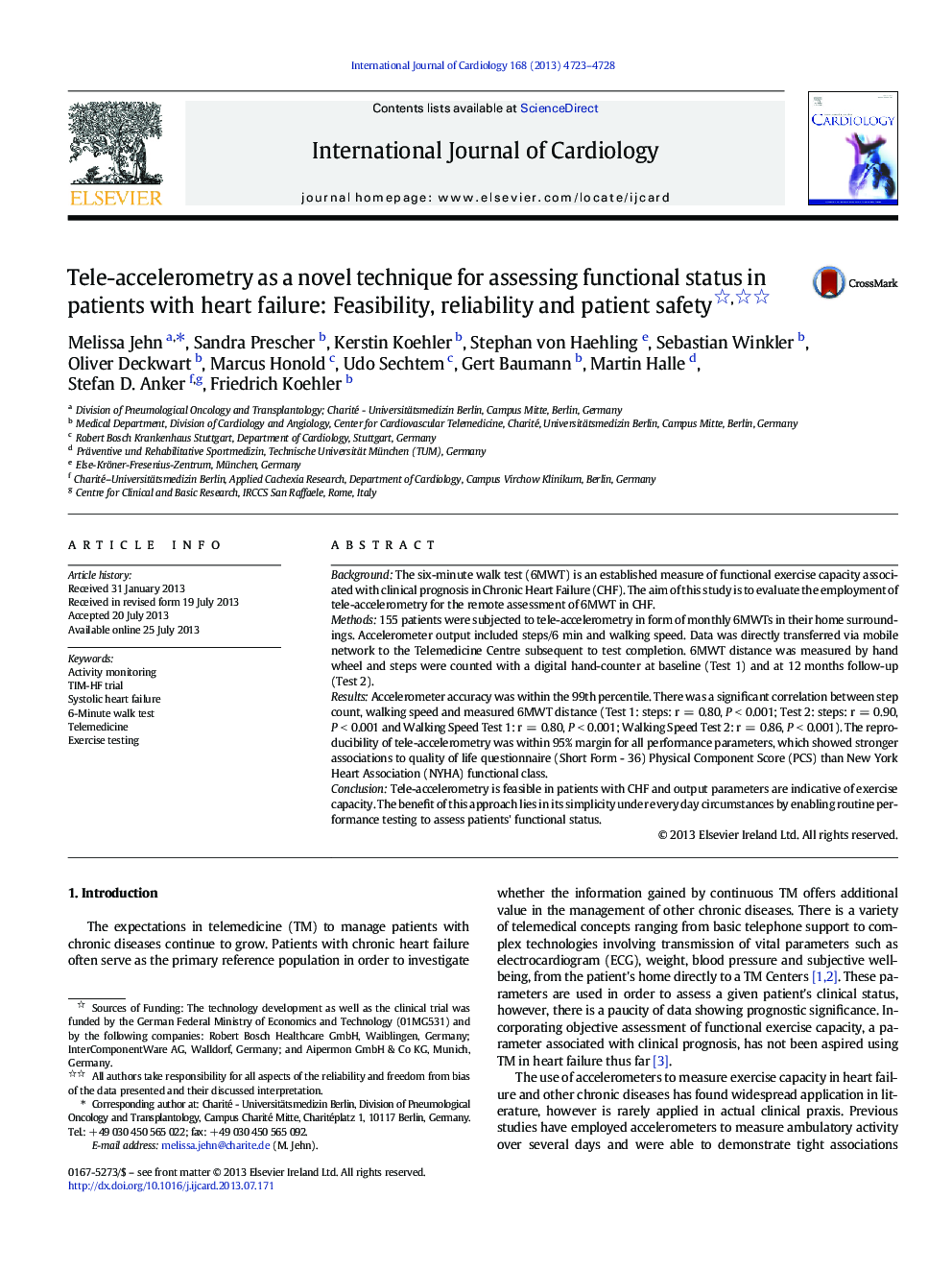 Tele-accelerometry as a novel technique for assessing functional status in patients with heart failure: Feasibility, reliability and patient safety