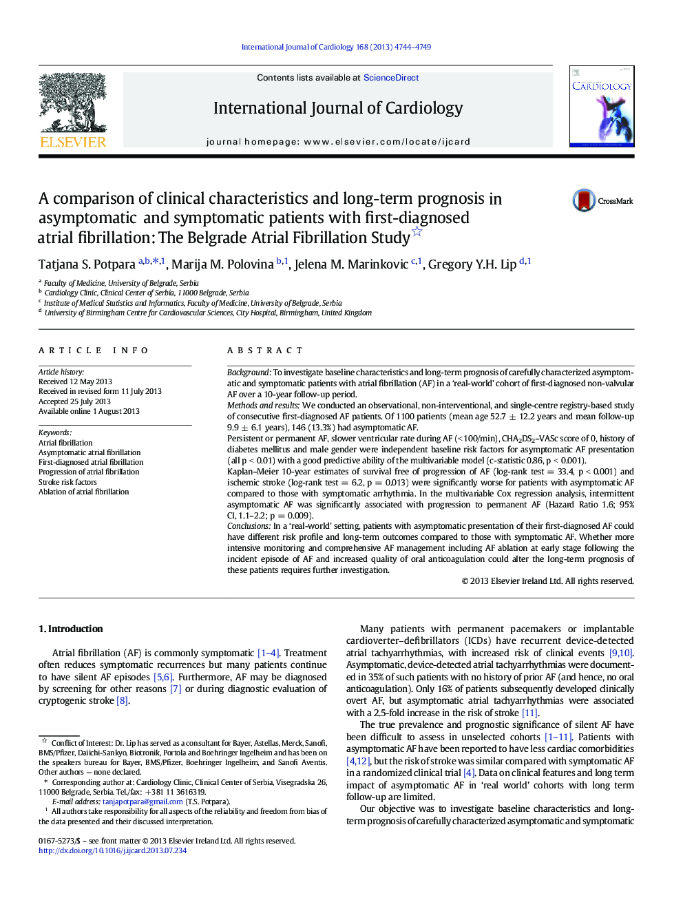 A comparison of clinical characteristics and long-term prognosis in asymptomatic and symptomatic patients with first-diagnosed atrial fibrillation: The Belgrade Atrial Fibrillation Study