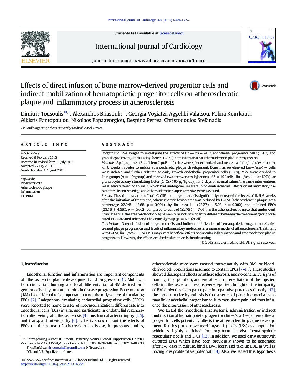 Effects of direct infusion of bone marrow-derived progenitor cells and indirect mobilization of hematopoietic progenitor cells on atherosclerotic plaque and inflammatory process in atherosclerosis