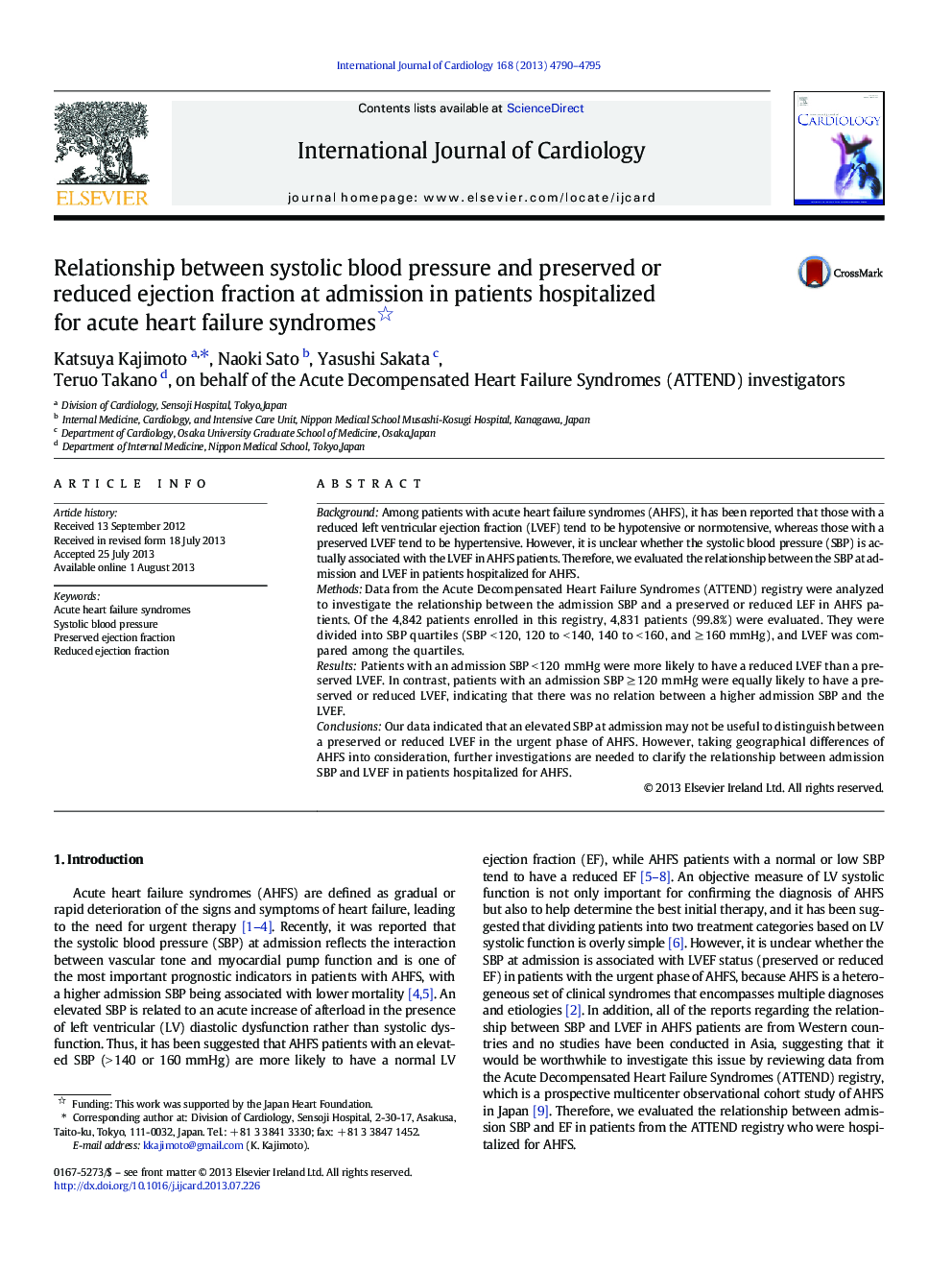 Relationship between systolic blood pressure and preserved or reduced ejection fraction at admission in patients hospitalized for acute heart failure syndromes