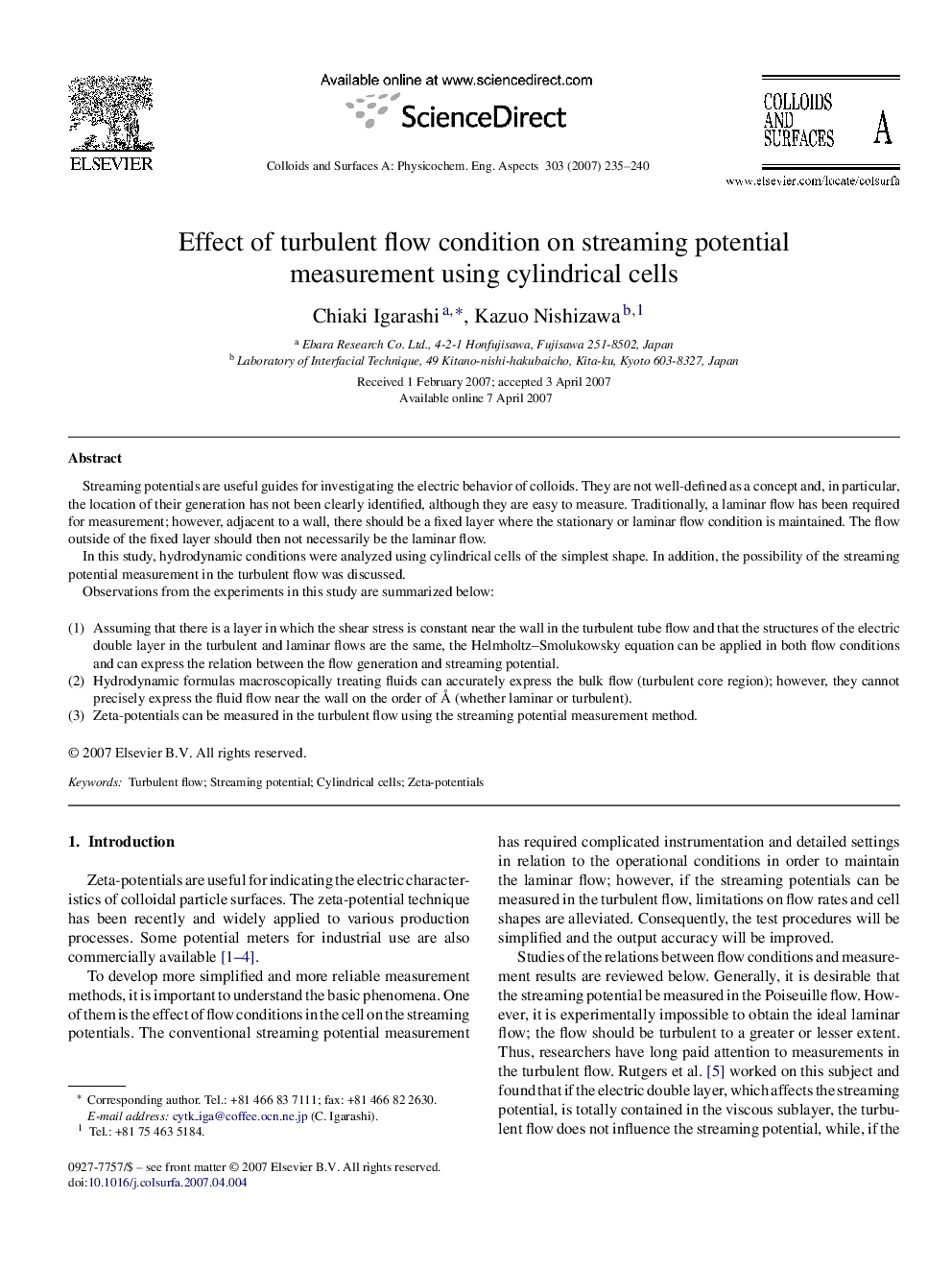 Effect of turbulent flow condition on streaming potential measurement using cylindrical cells