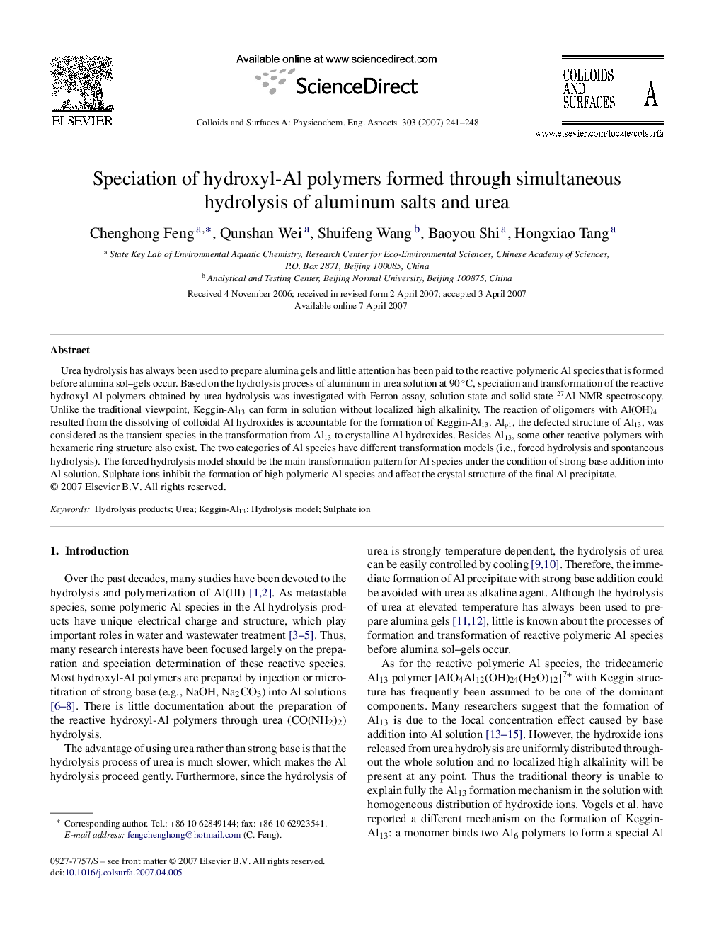 Speciation of hydroxyl-Al polymers formed through simultaneous hydrolysis of aluminum salts and urea