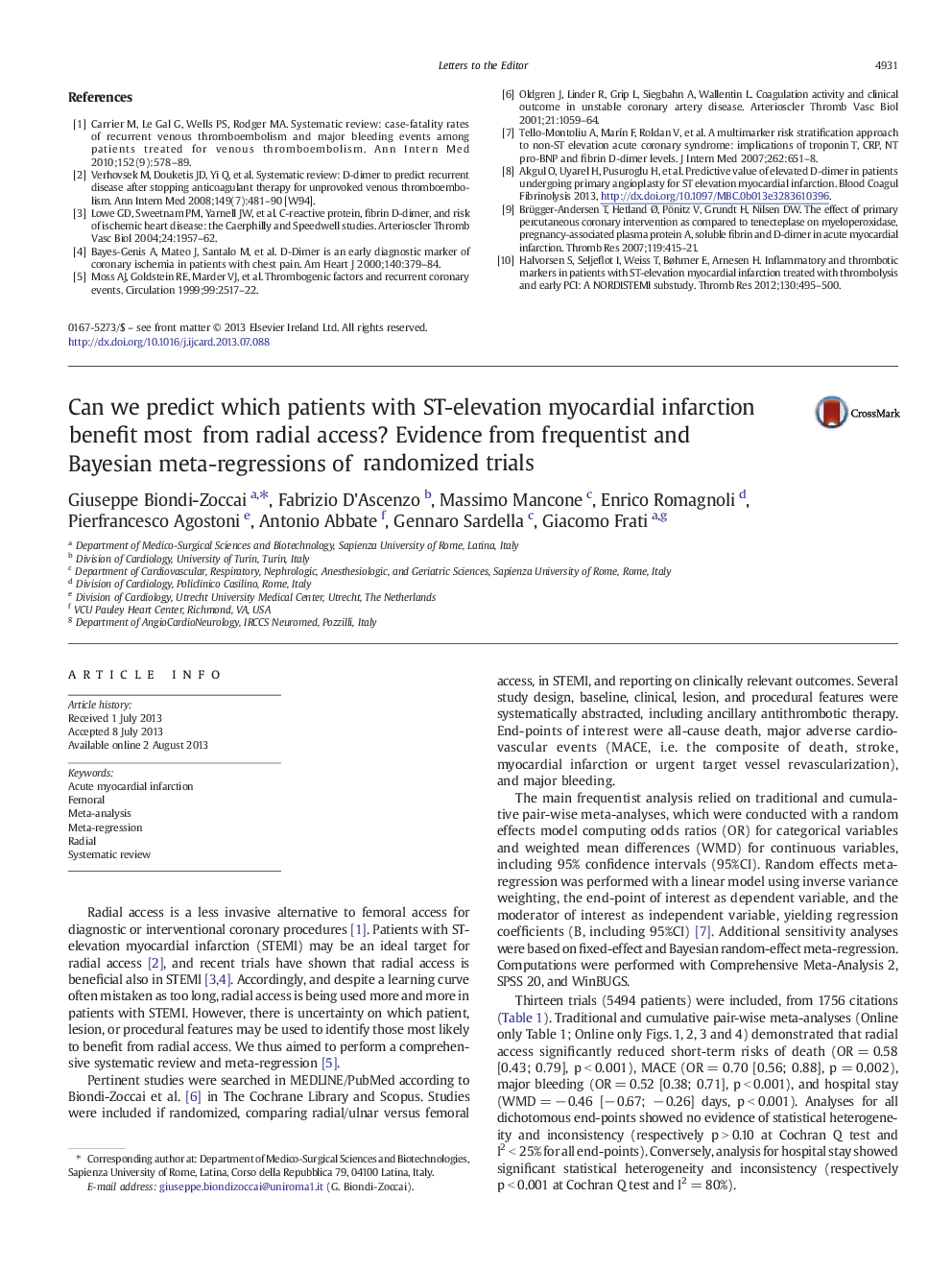 Can we predict which patients with ST-elevation myocardial infarction benefit most from radial access? Evidence from frequentist and Bayesian meta-regressions of randomized trials