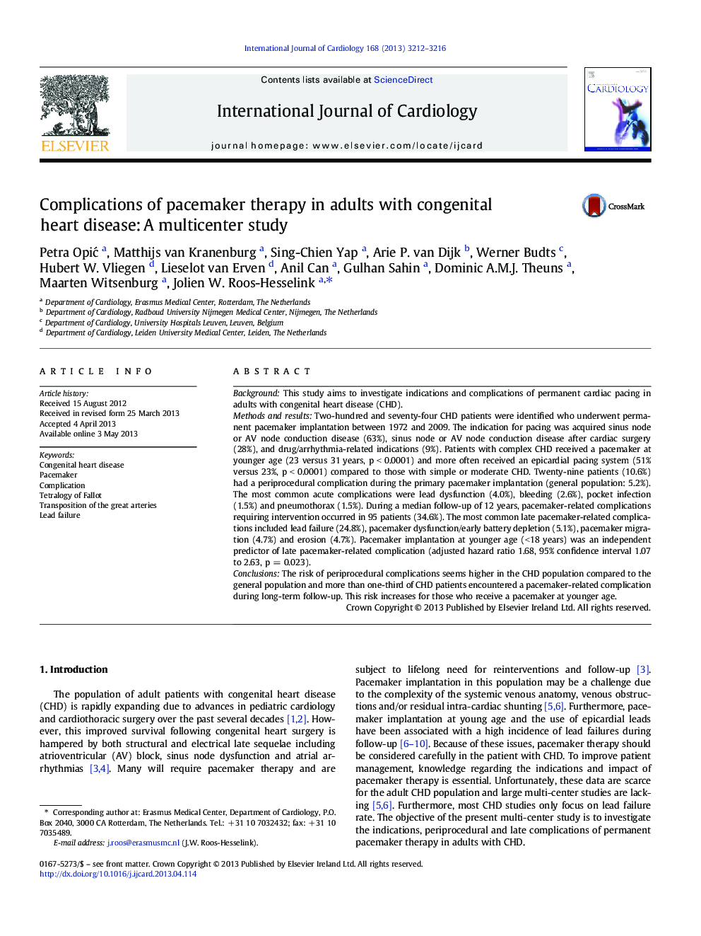 Complications of pacemaker therapy in adults with congenital heart disease: A multicenter study