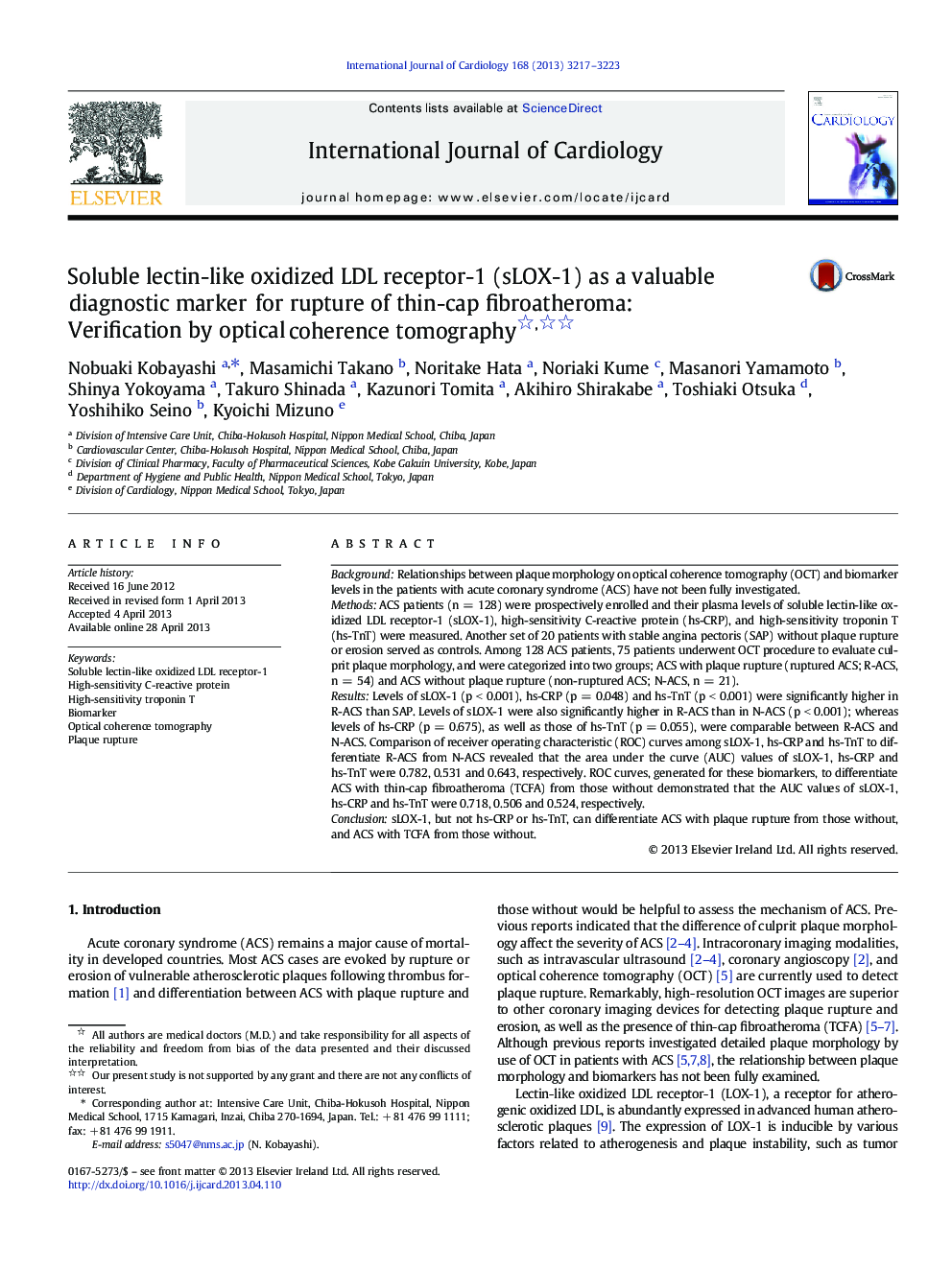 Soluble lectin-like oxidized LDL receptor-1 (sLOX-1) as a valuable diagnostic marker for rupture of thin-cap fibroatheroma: Verification by optical coherence tomography