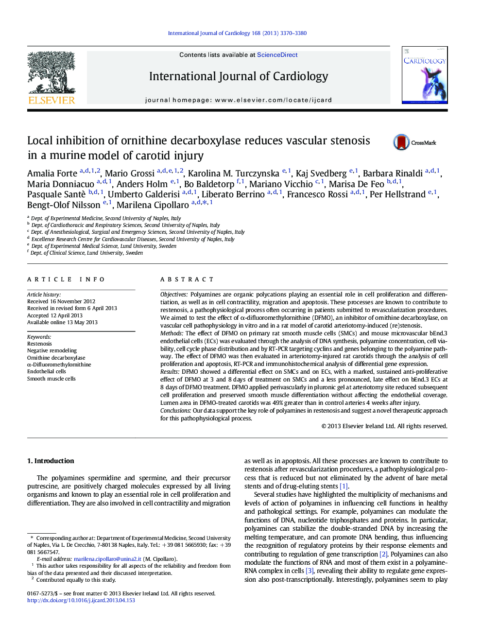 Local inhibition of ornithine decarboxylase reduces vascular stenosis in a murine model of carotid injury