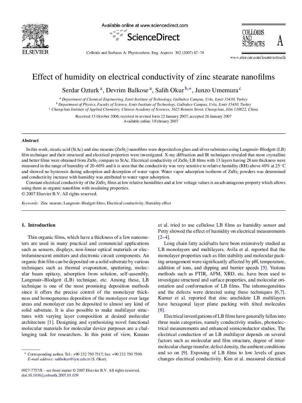 Effect of humidity on electrical conductivity of zinc stearate nanofilms