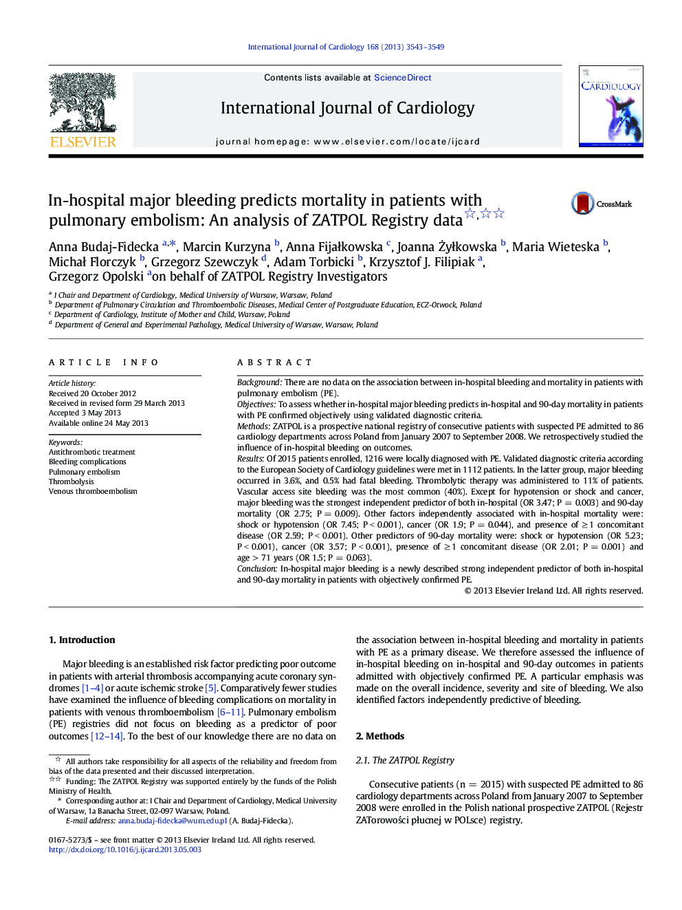 In-hospital major bleeding predicts mortality in patients with pulmonary embolism: An analysis of ZATPOL Registry data