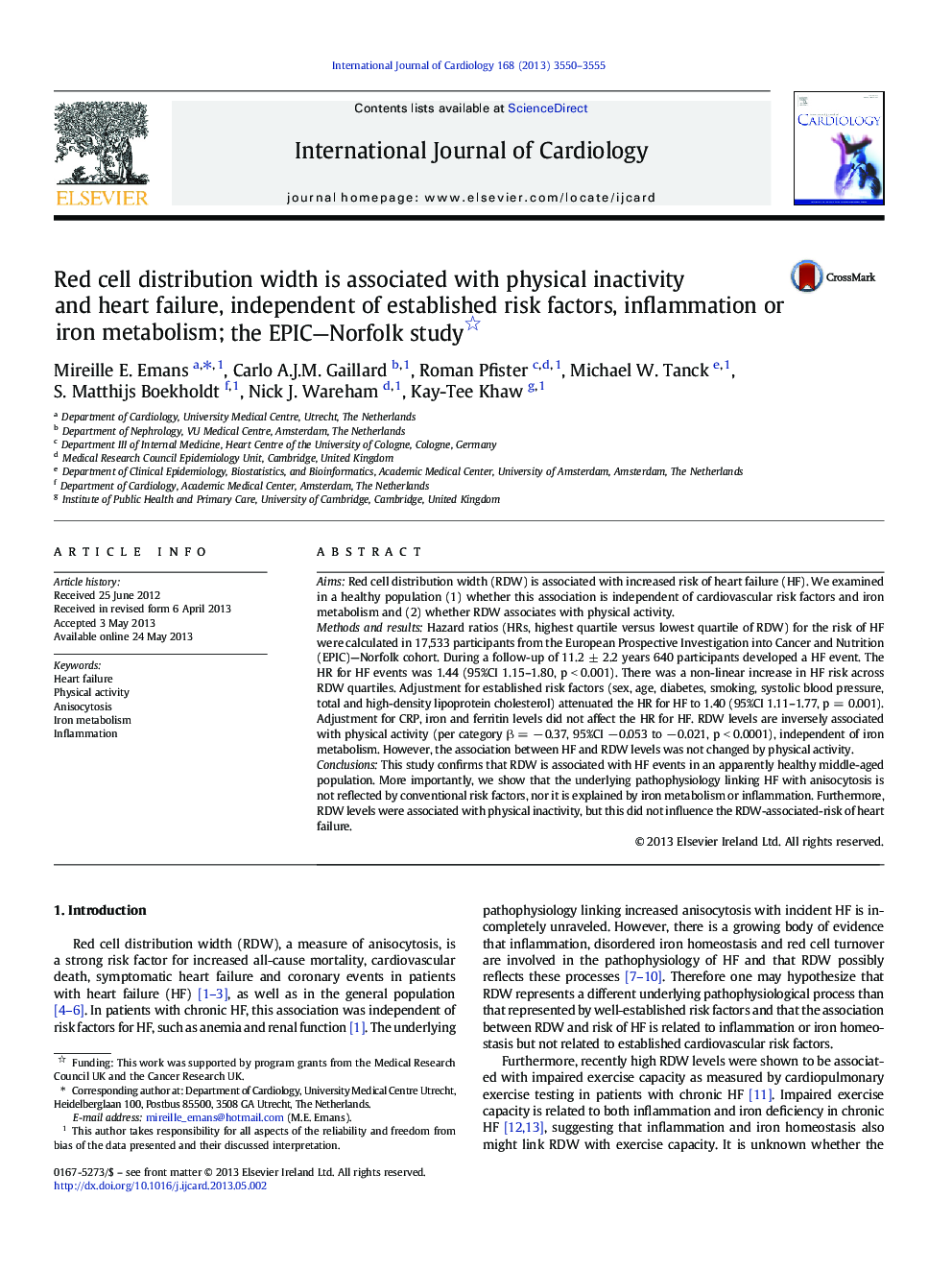 Red cell distribution width is associated with physical inactivity and heart failure, independent of established risk factors, inflammation or iron metabolism; the EPIC-Norfolk study