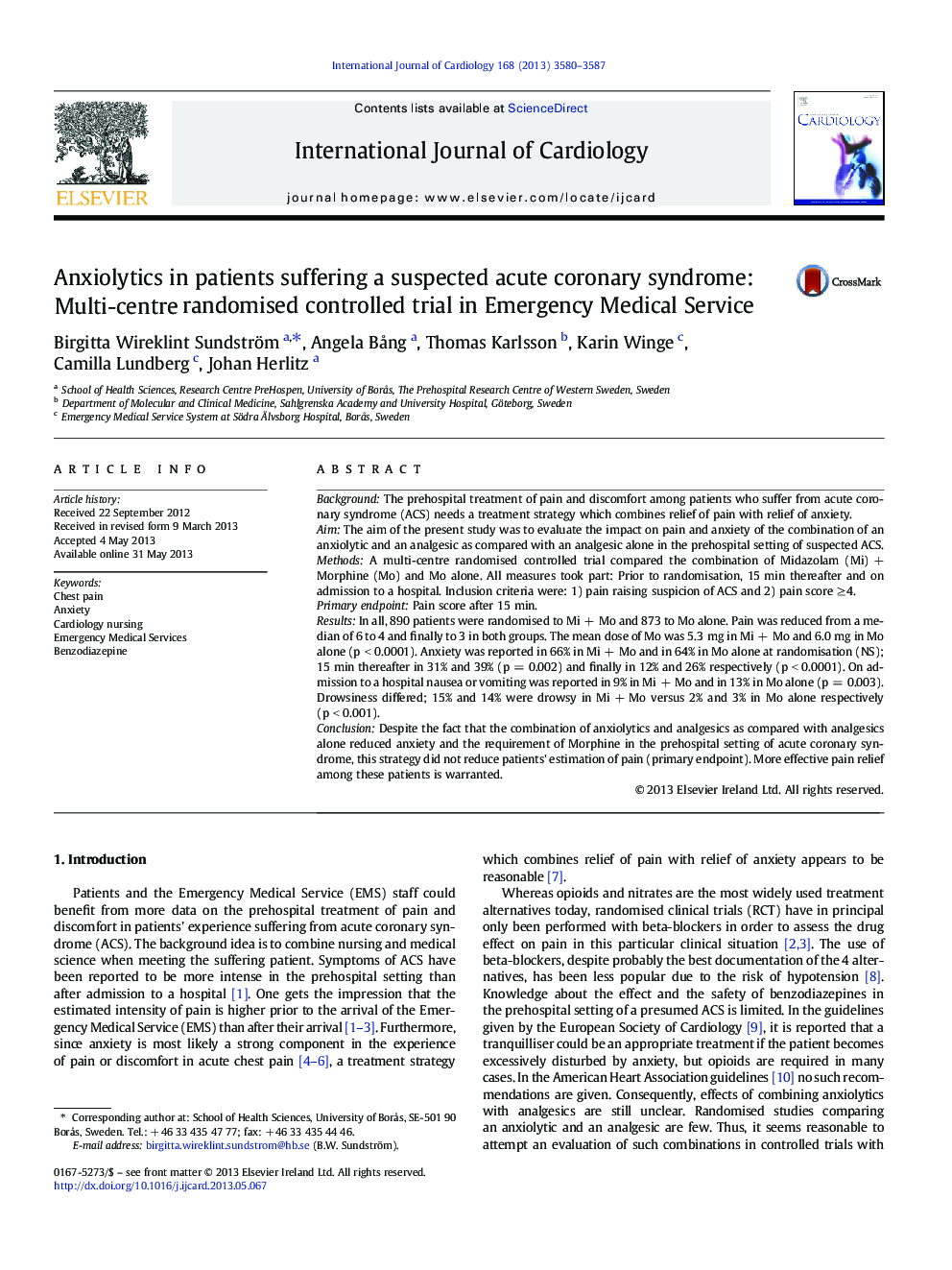 Anxiolytics in patients suffering a suspected acute coronary syndrome: Multi-centre randomised controlled trial in Emergency Medical Service