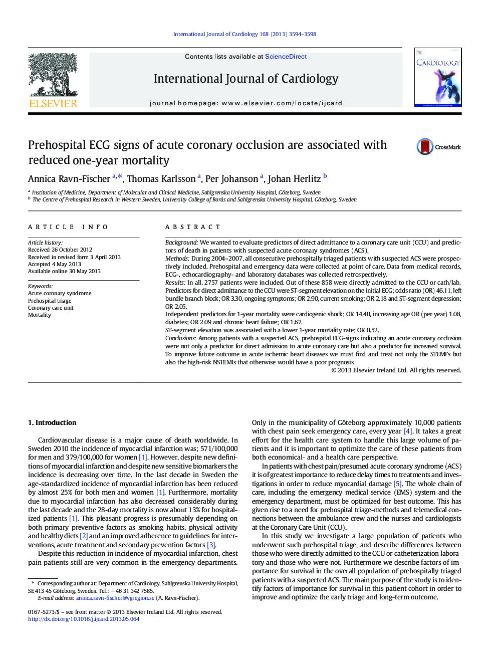 Prehospital ECG signs of acute coronary occlusion are associated with reduced one-year mortality