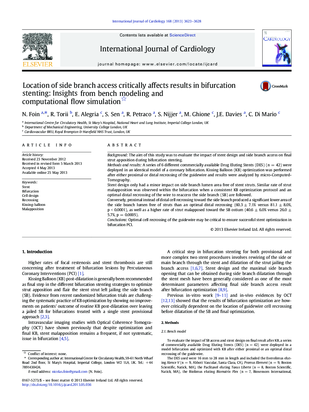 Location of side branch access critically affects results in bifurcation stenting: Insights from bench modeling and computational flow simulation