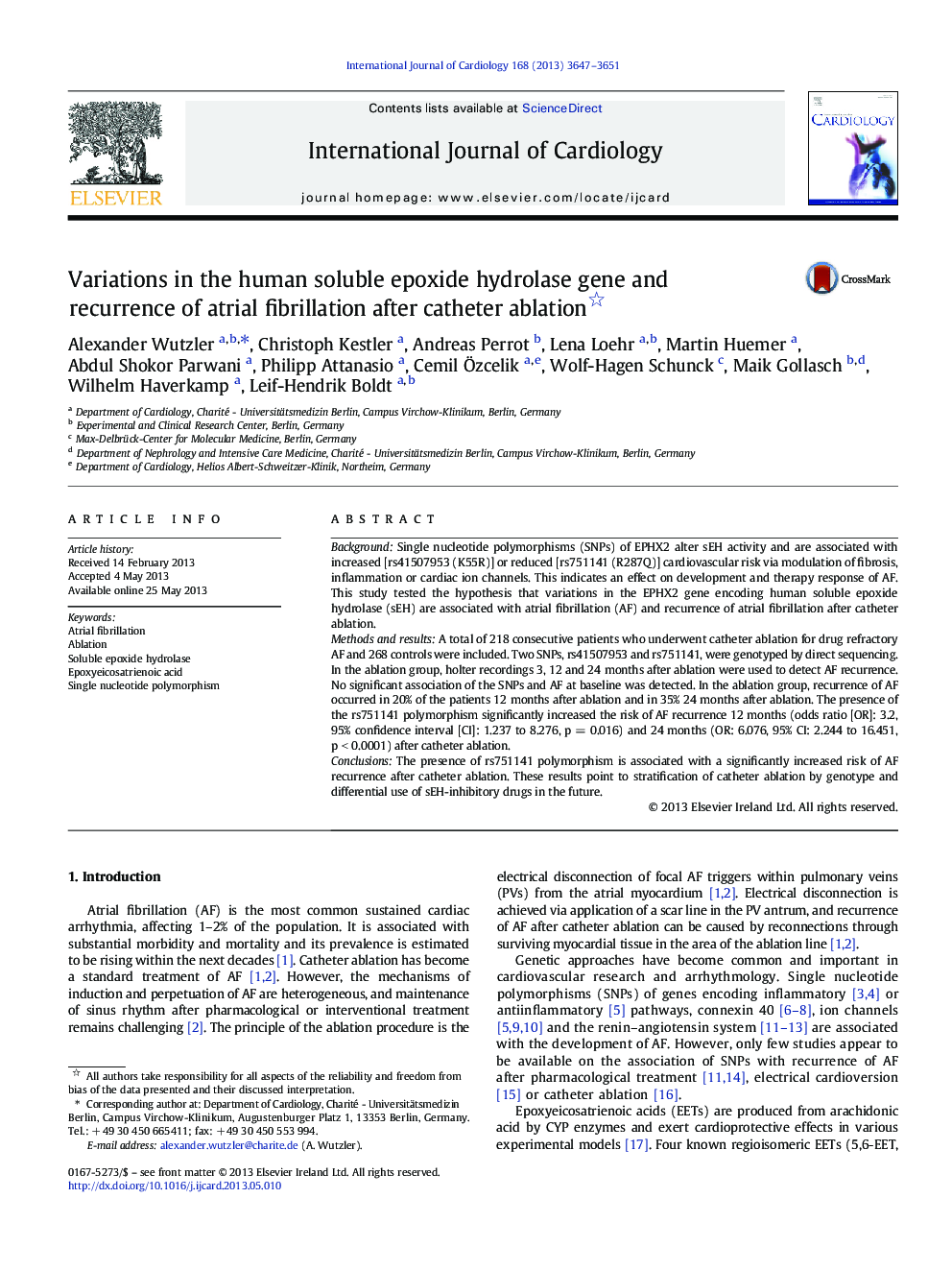 Variations in the human soluble epoxide hydrolase gene and recurrence of atrial fibrillation after catheter ablation