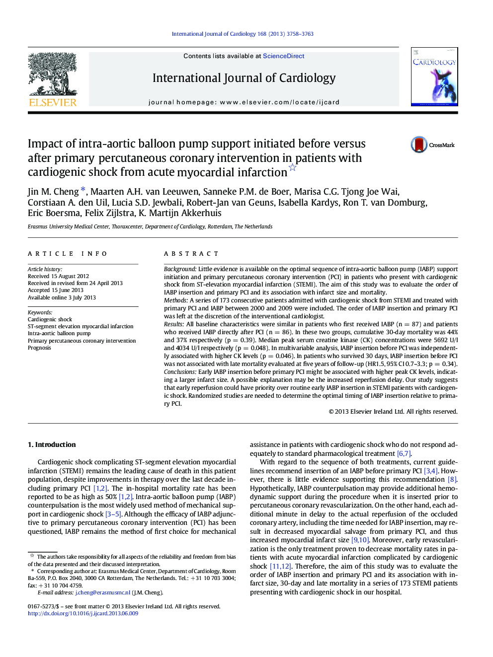 Impact of intra-aortic balloon pump support initiated before versus after primary percutaneous coronary intervention in patients with cardiogenic shock from acute myocardial infarction