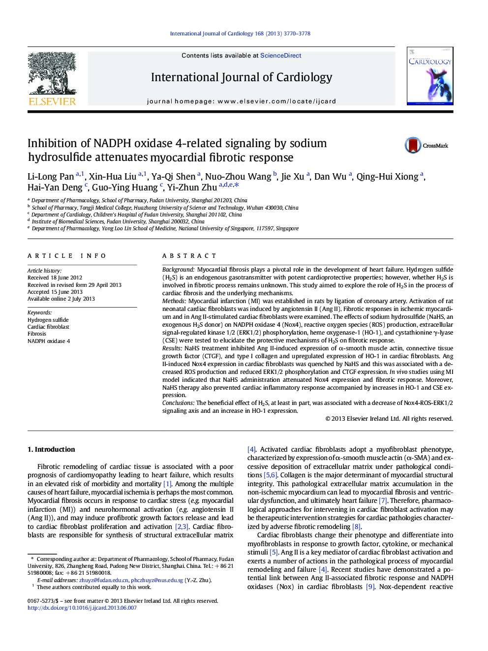 Inhibition of NADPH oxidase 4-related signaling by sodium hydrosulfide attenuates myocardial fibrotic response