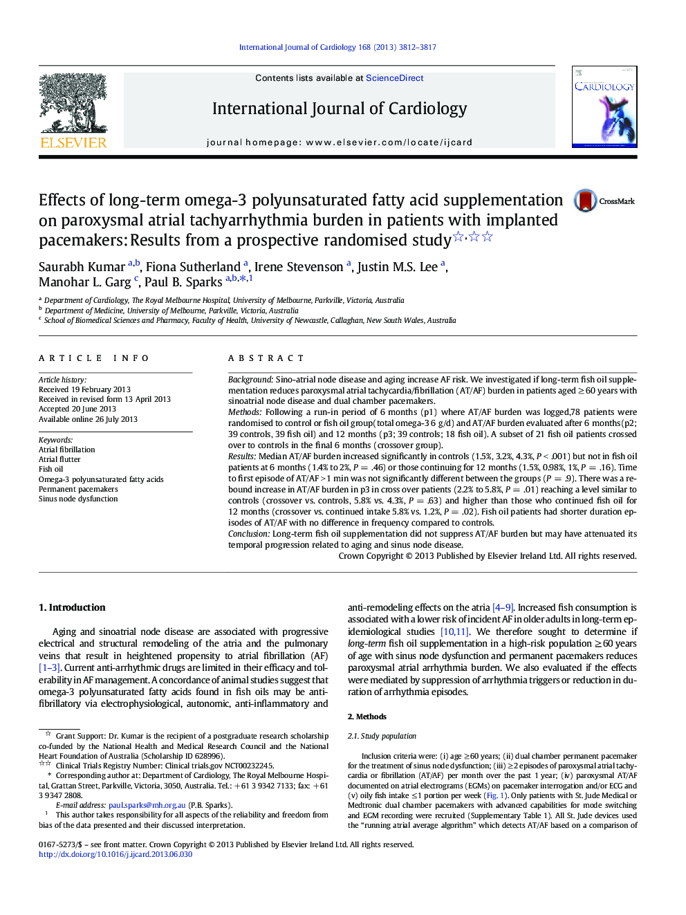 Effects of long-term omega-3 polyunsaturated fatty acid supplementation on paroxysmal atrial tachyarrhythmia burden in patients with implanted pacemakers: Results from a prospective randomised study