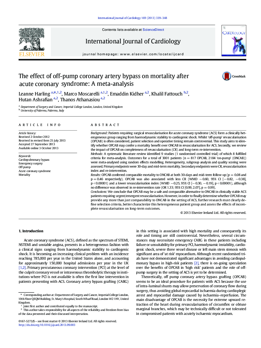 The effect of off-pump coronary artery bypass on mortality after acute coronary syndrome: A meta-analysis