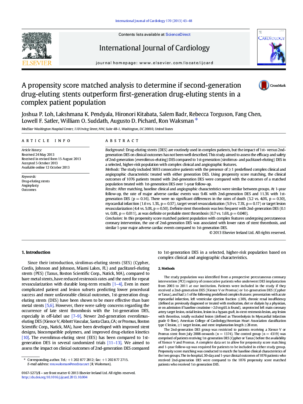 A propensity score matched analysis to determine if second-generation drug-eluting stents outperform first-generation drug-eluting stents in a complex patient population