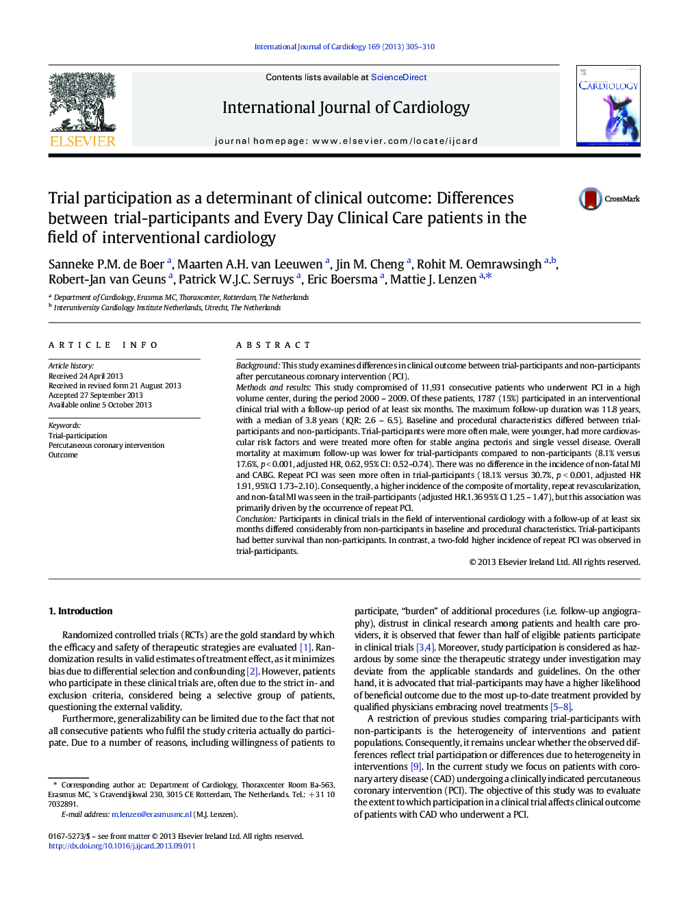 Trial participation as a determinant of clinical outcome: Differences between trial-participants and Every Day Clinical Care patients in the field of interventional cardiology