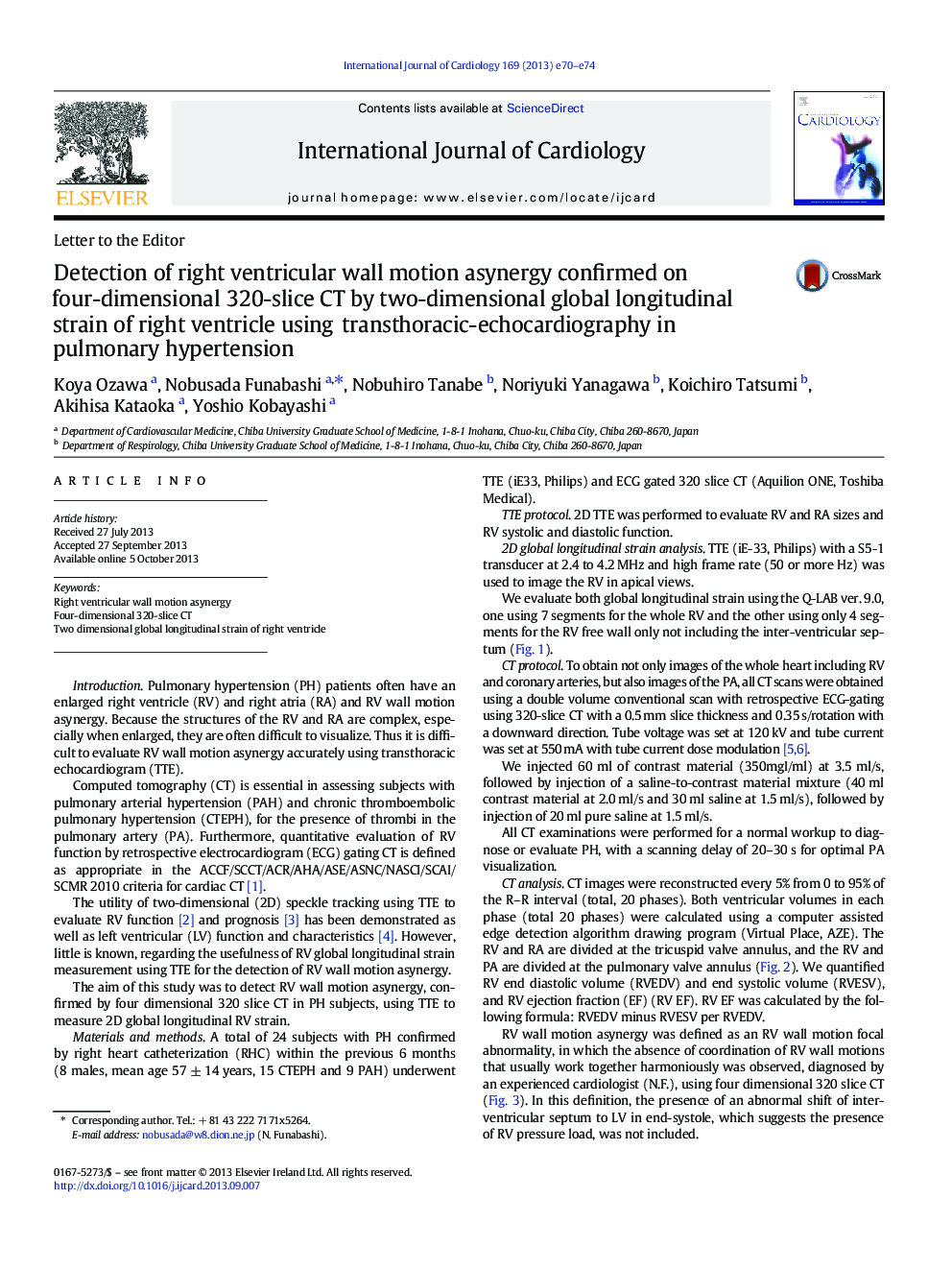 Detection of right ventricular wall motion asynergy confirmed on four-dimensional 320-slice CT by two-dimensional global longitudinal strain of right ventricle using transthoracic-echocardiography in pulmonary hypertension