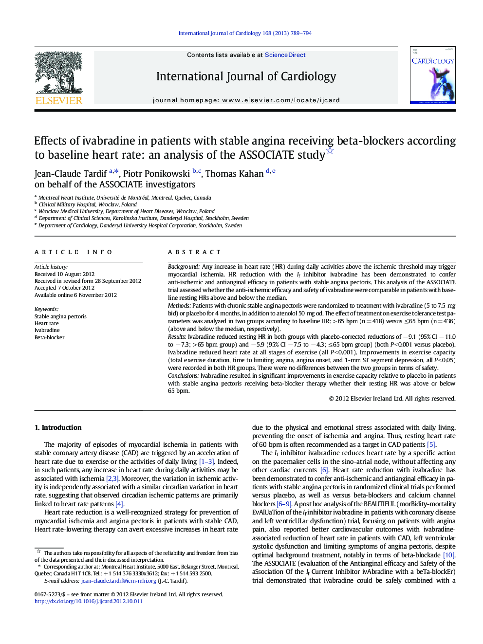 Effects of ivabradine in patients with stable angina receiving beta-blockers according to baseline heart rate: an analysis of the ASSOCIATE study
