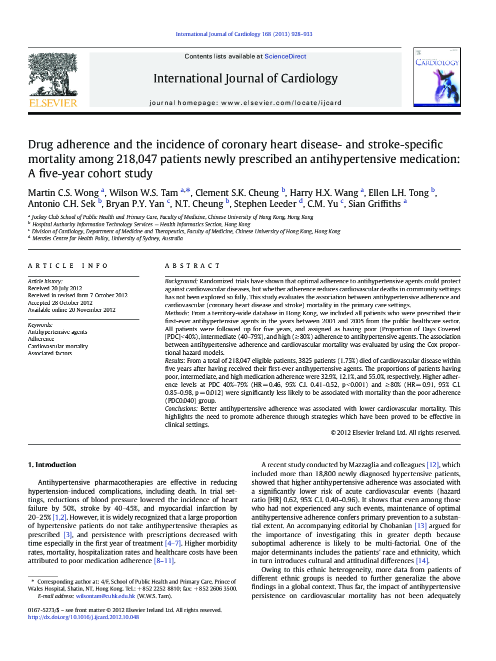 Drug adherence and the incidence of coronary heart disease- and stroke-specific mortality among 218,047 patients newly prescribed an antihypertensive medication: A five-year cohort study