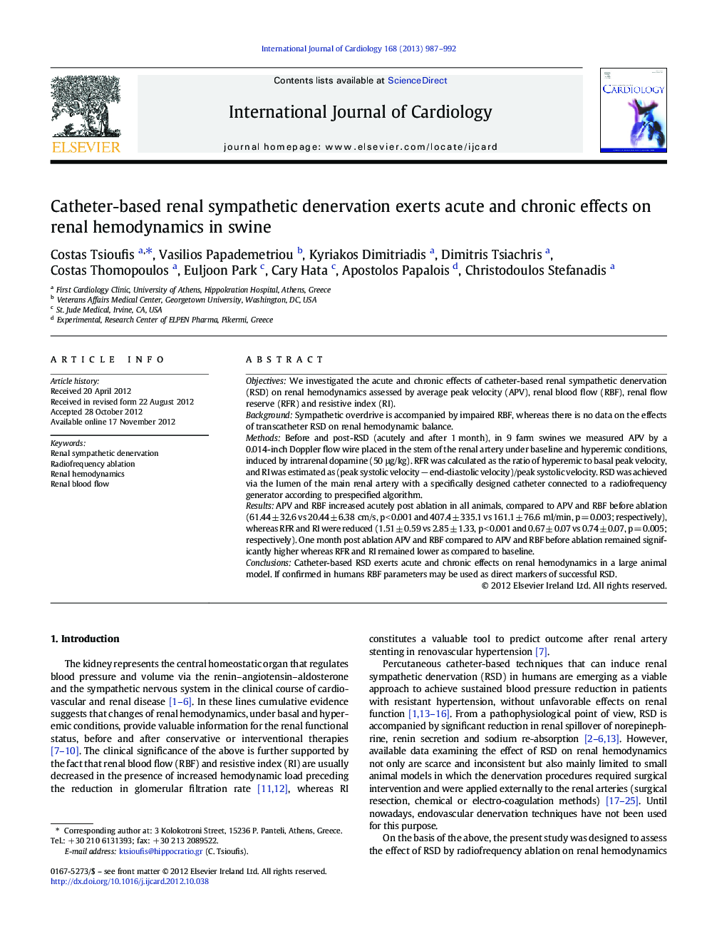 Catheter-based renal sympathetic denervation exerts acute and chronic effects on renal hemodynamics in swine