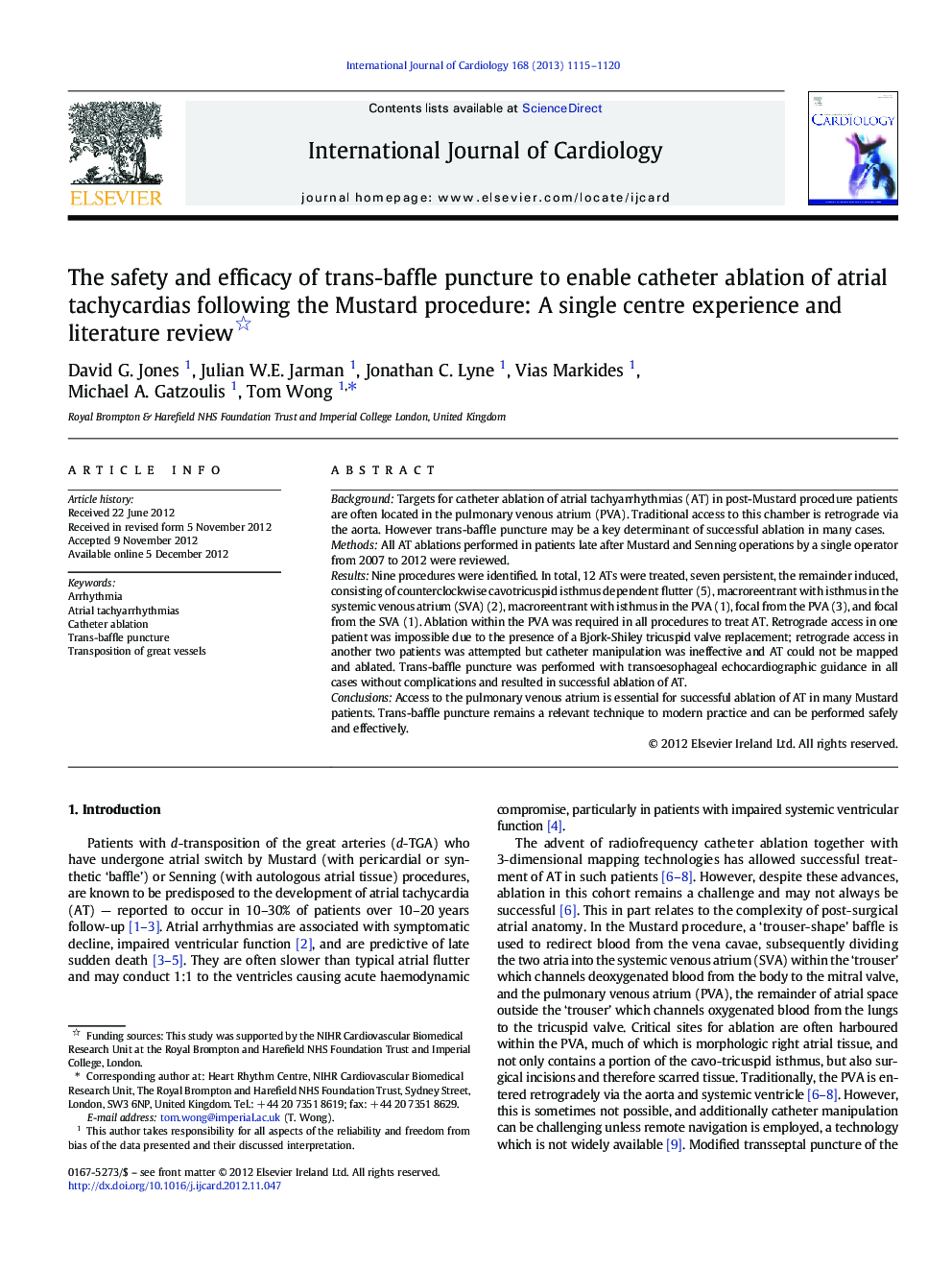 The safety and efficacy of trans-baffle puncture to enable catheter ablation of atrial tachycardias following the Mustard procedure: A single centre experience and literature review