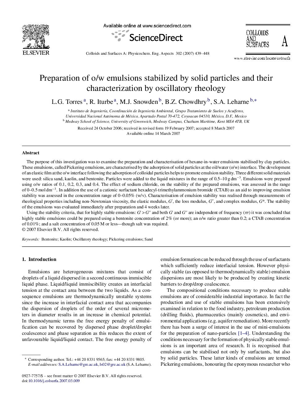 Preparation of o/w emulsions stabilized by solid particles and their characterization by oscillatory rheology