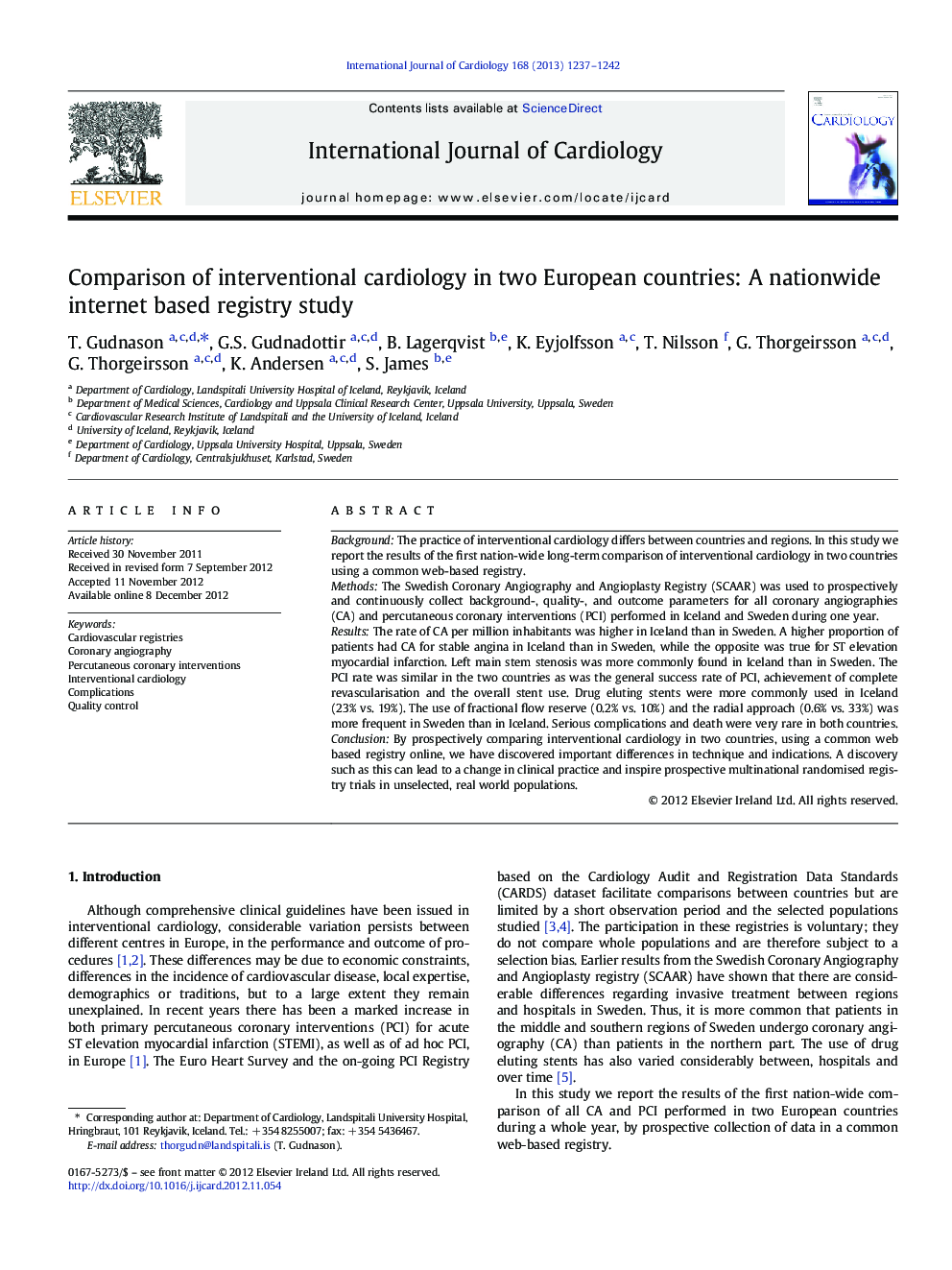 Comparison of interventional cardiology in two European countries: A nationwide internet based registry study