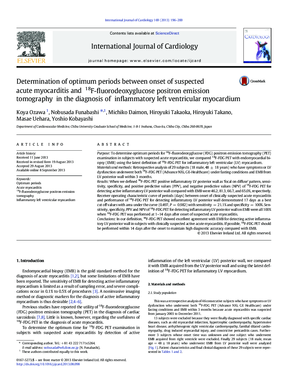 Determination of optimum periods between onset of suspected acute myocarditis and 18F-fluorodeoxyglucose positron emission tomography in the diagnosis of inflammatory left ventricular myocardium