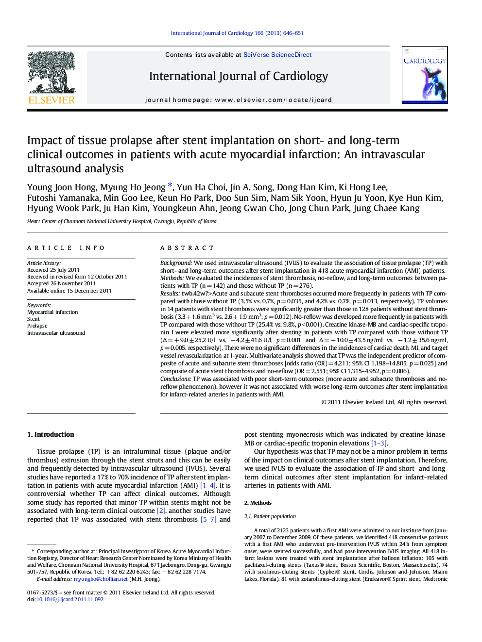 Impact of tissue prolapse after stent implantation on short- and long-term clinical outcomes in patients with acute myocardial infarction: An intravascular ultrasound analysis