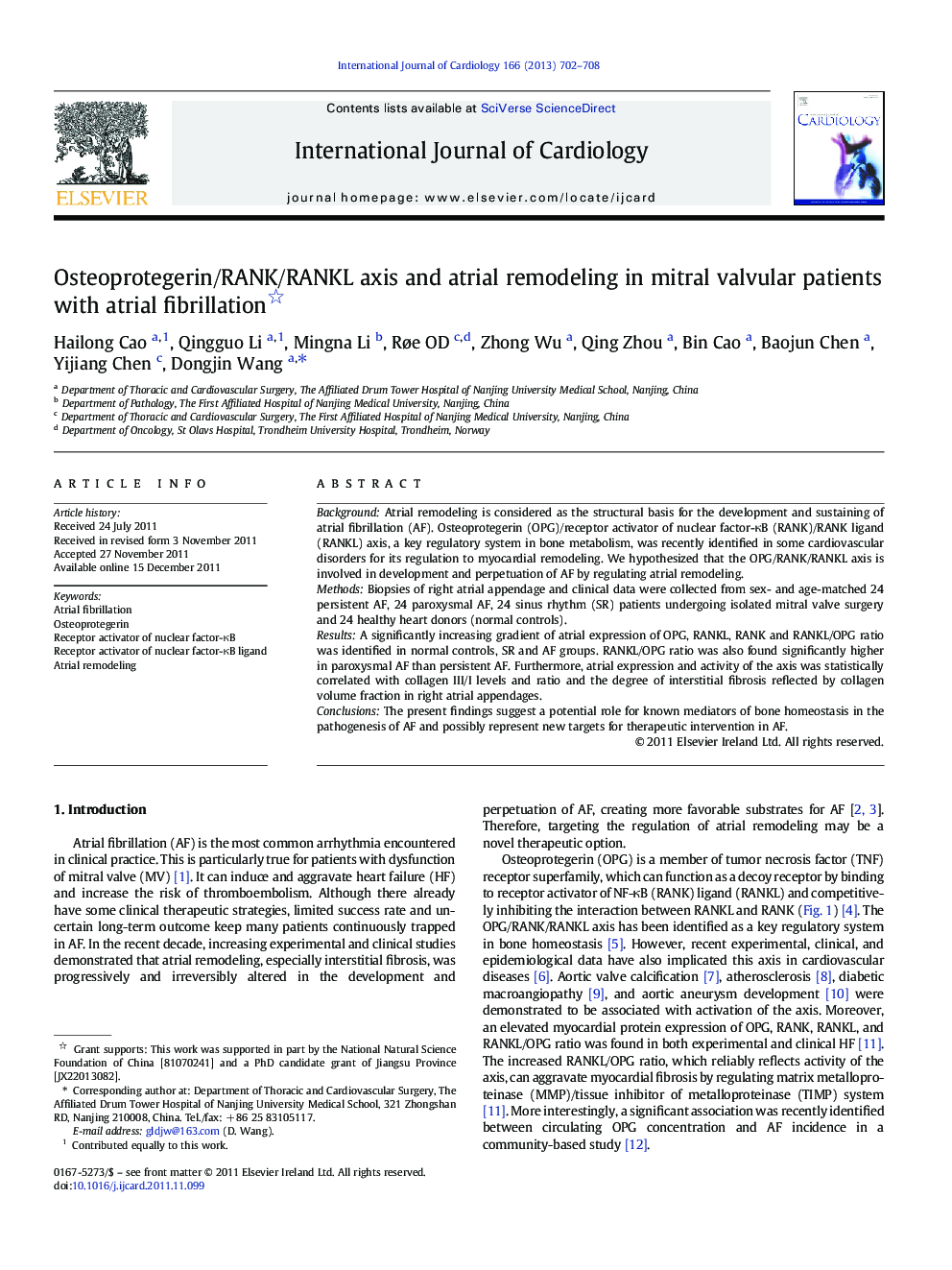 Osteoprotegerin/RANK/RANKL axis and atrial remodeling in mitral valvular patients with atrial fibrillation