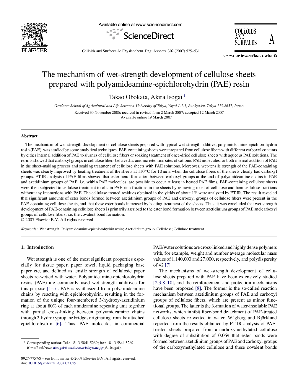 The mechanism of wet-strength development of cellulose sheets prepared with polyamideamine-epichlorohydrin (PAE) resin