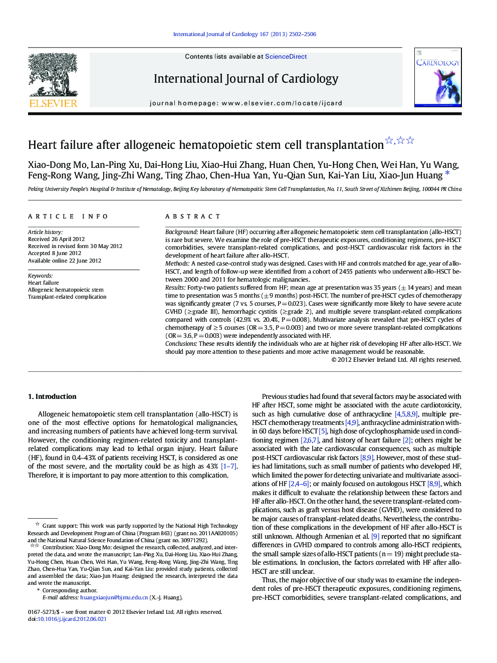 Heart failure after allogeneic hematopoietic stem cell transplantation