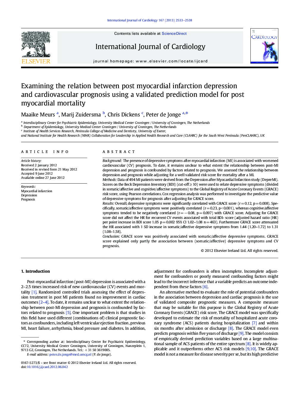 Examining the relation between post myocardial infarction depression and cardiovascular prognosis using a validated prediction model for post myocardial mortality
