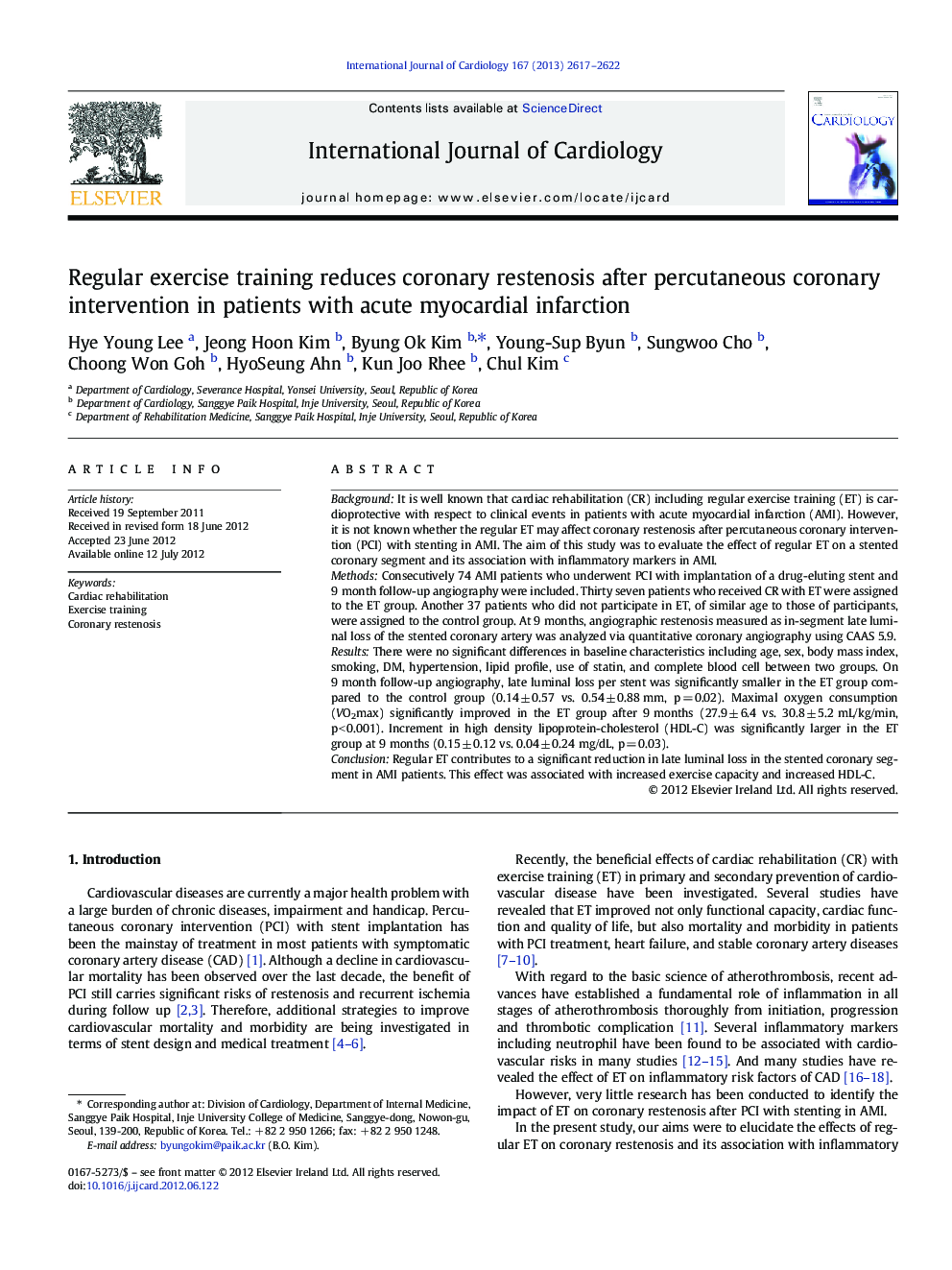 Regular exercise training reduces coronary restenosis after percutaneous coronary intervention in patients with acute myocardial infarction