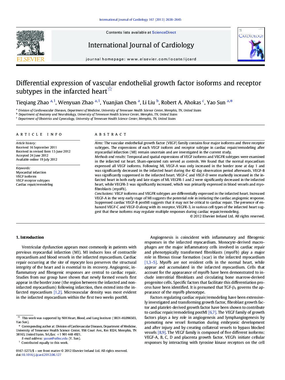 Differential expression of vascular endothelial growth factor isoforms and receptor subtypes in the infarcted heart