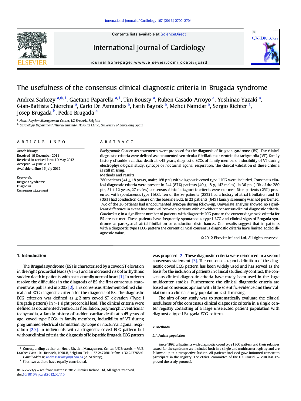 The usefulness of the consensus clinical diagnostic criteria in Brugada syndrome