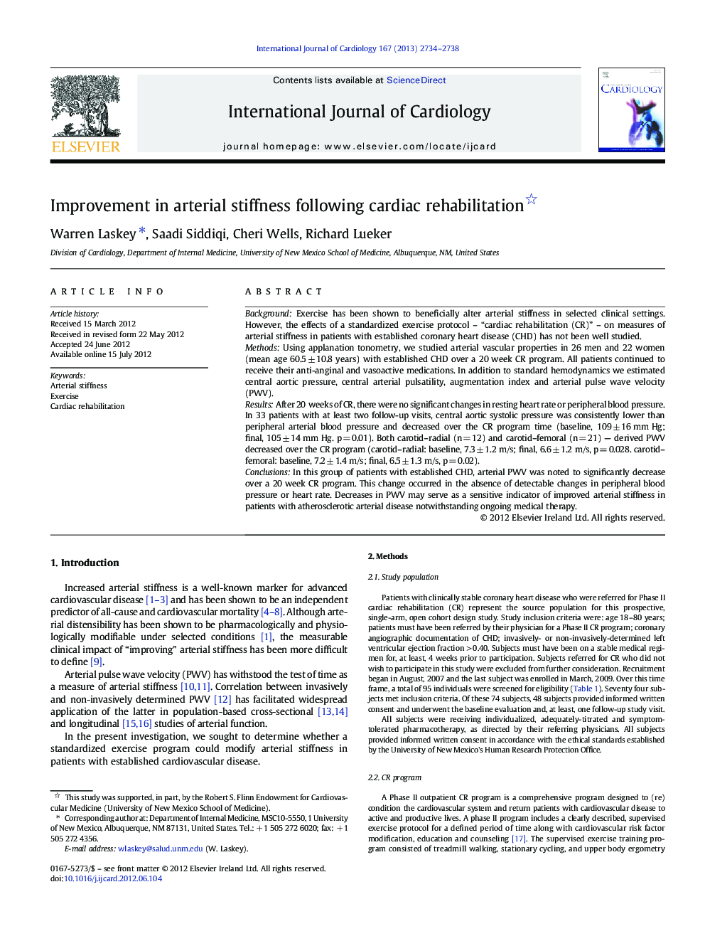 Improvement in arterial stiffness following cardiac rehabilitation