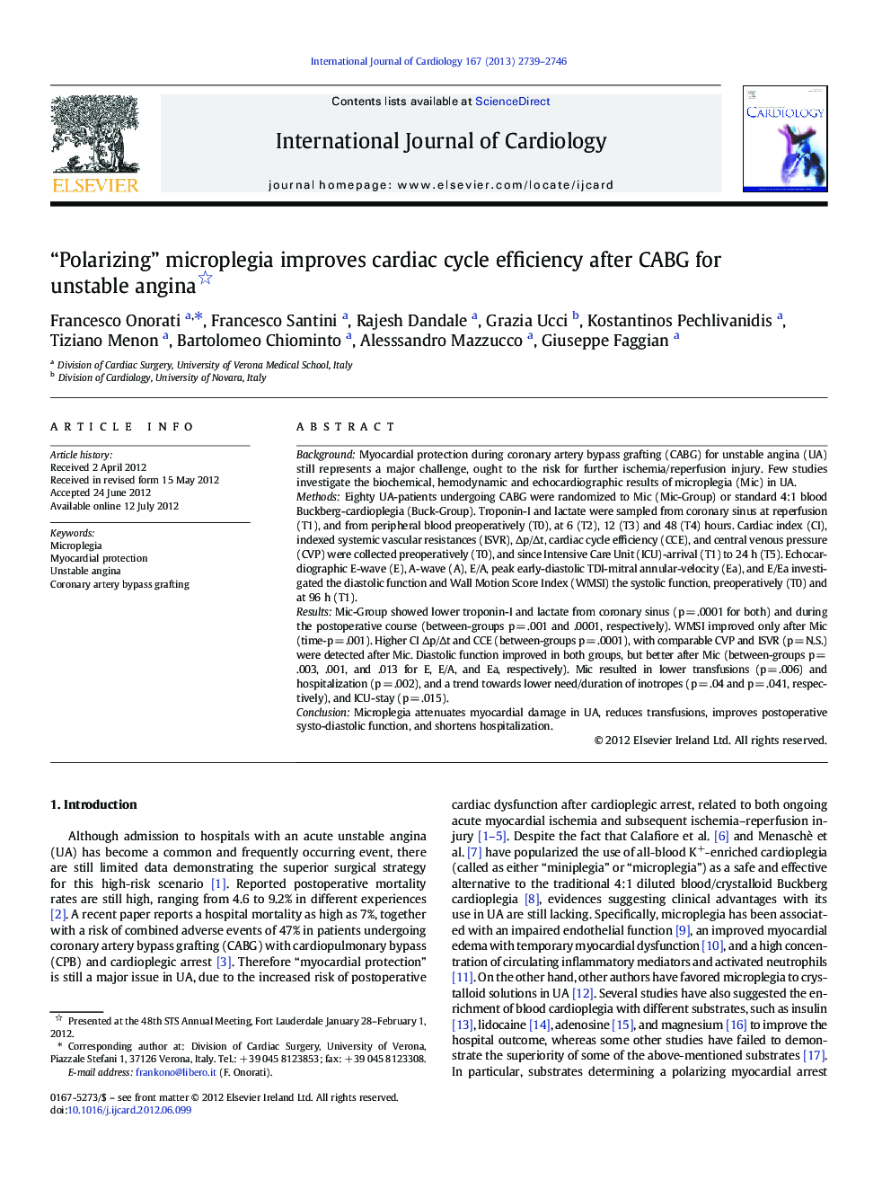 “Polarizing” microplegia improves cardiac cycle efficiency after CABG for unstable angina