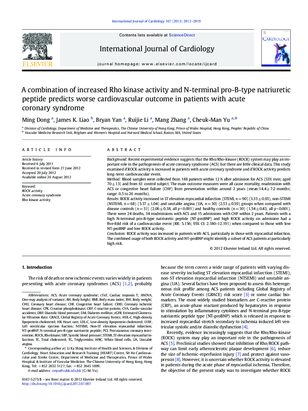 A combination of increased Rho kinase activity and N-terminal pro-B-type natriuretic peptide predicts worse cardiovascular outcome in patients with acute coronary syndrome