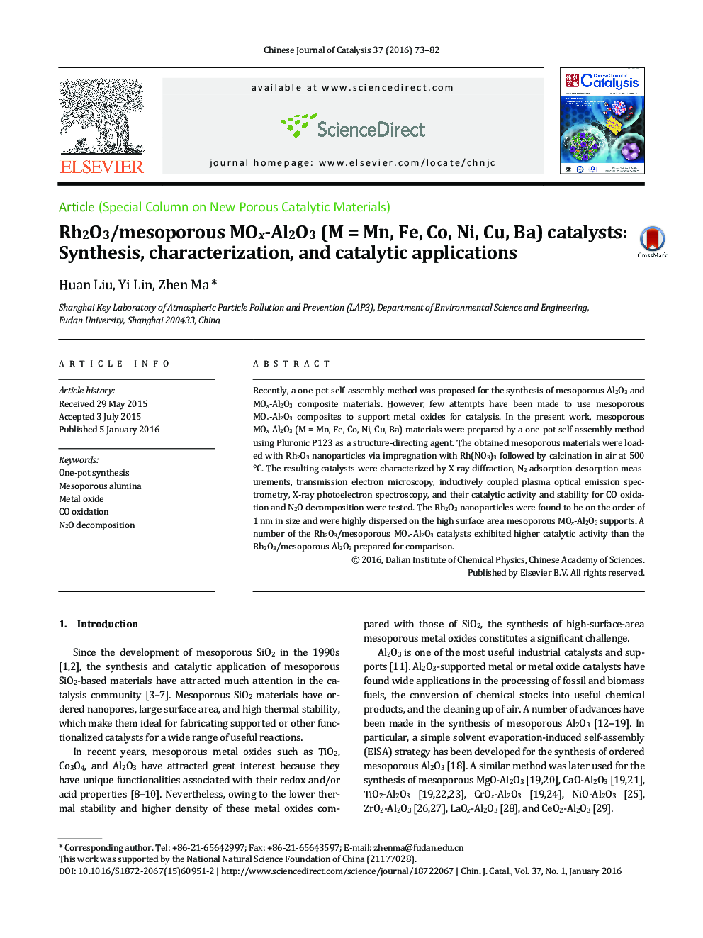 Rh2O3/mesoporous MOx-Al2O3 (M = Mn, Fe, Co, Ni, Cu, Ba) catalysts: Synthesis, characterization, and catalytic applications 