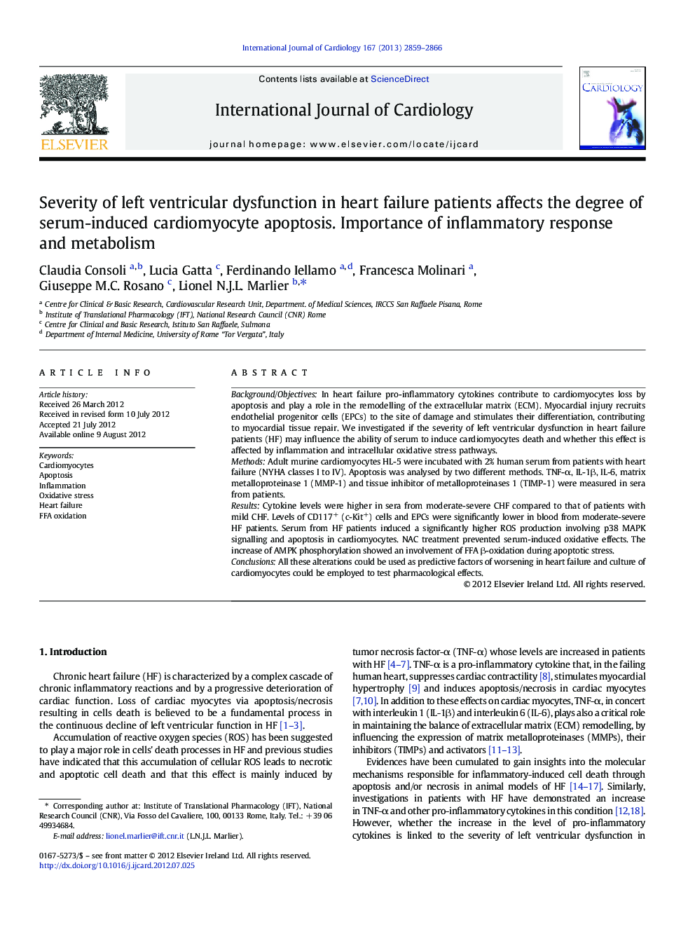 Severity of left ventricular dysfunction in heart failure patients affects the degree of serum-induced cardiomyocyte apoptosis. Importance of inflammatory response and metabolism