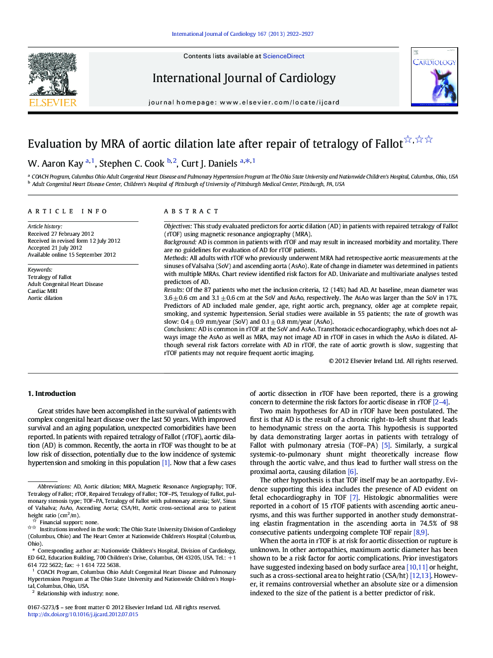 Evaluation by MRA of aortic dilation late after repair of tetralogy of Fallot