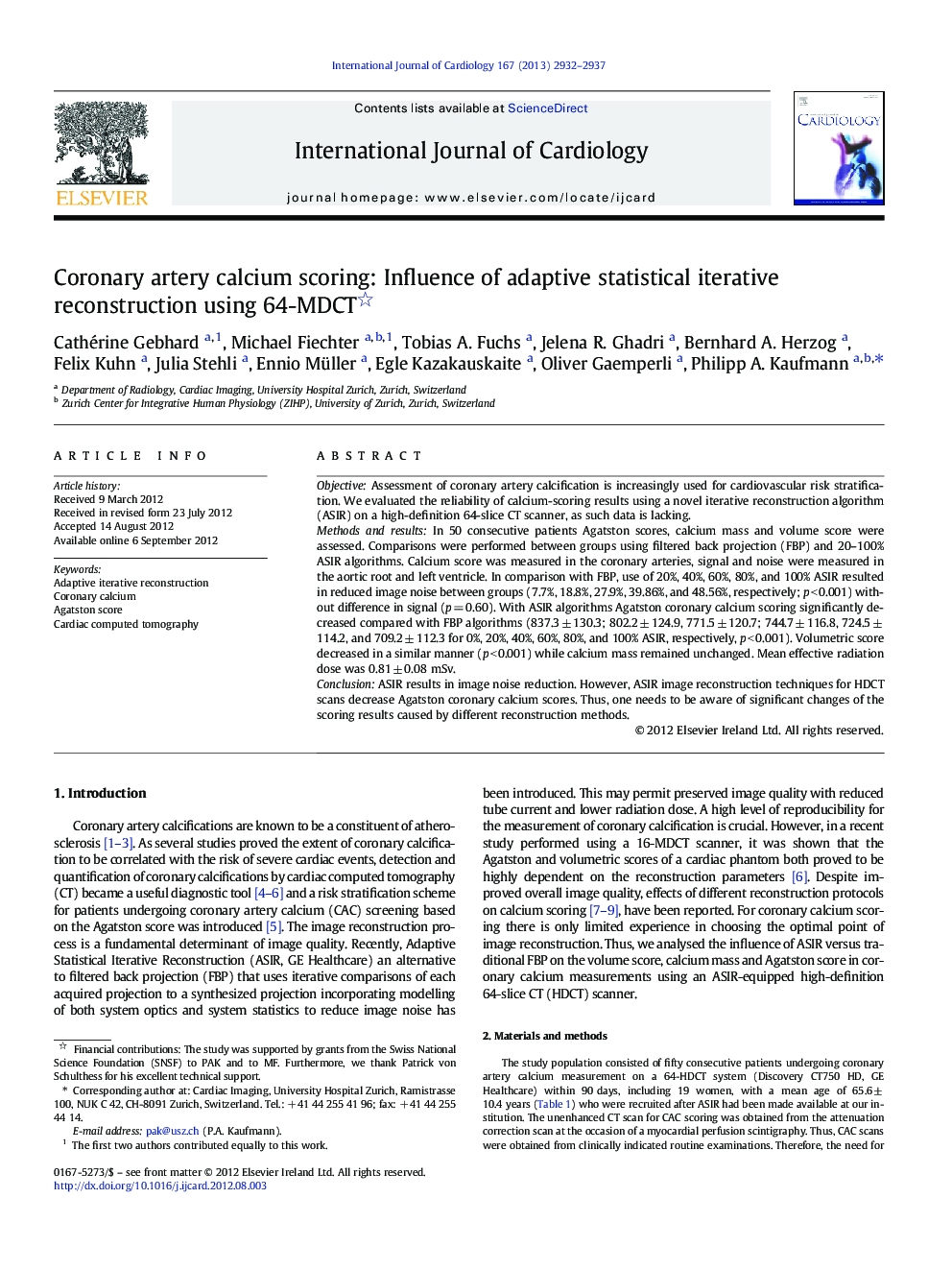 Coronary artery calcium scoring: Influence of adaptive statistical iterative reconstruction using 64-MDCT